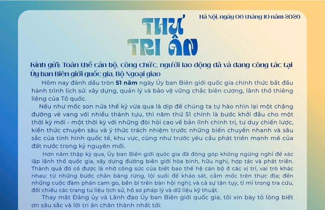 Thư tri ân nhân kỷ niệm 51 năm ngày thành lập Uỷ ban Biên giới quốc gia (06/10/1975 - 06/10/2026) của Chủ nhiệm Nguyễn Đăng Thắng